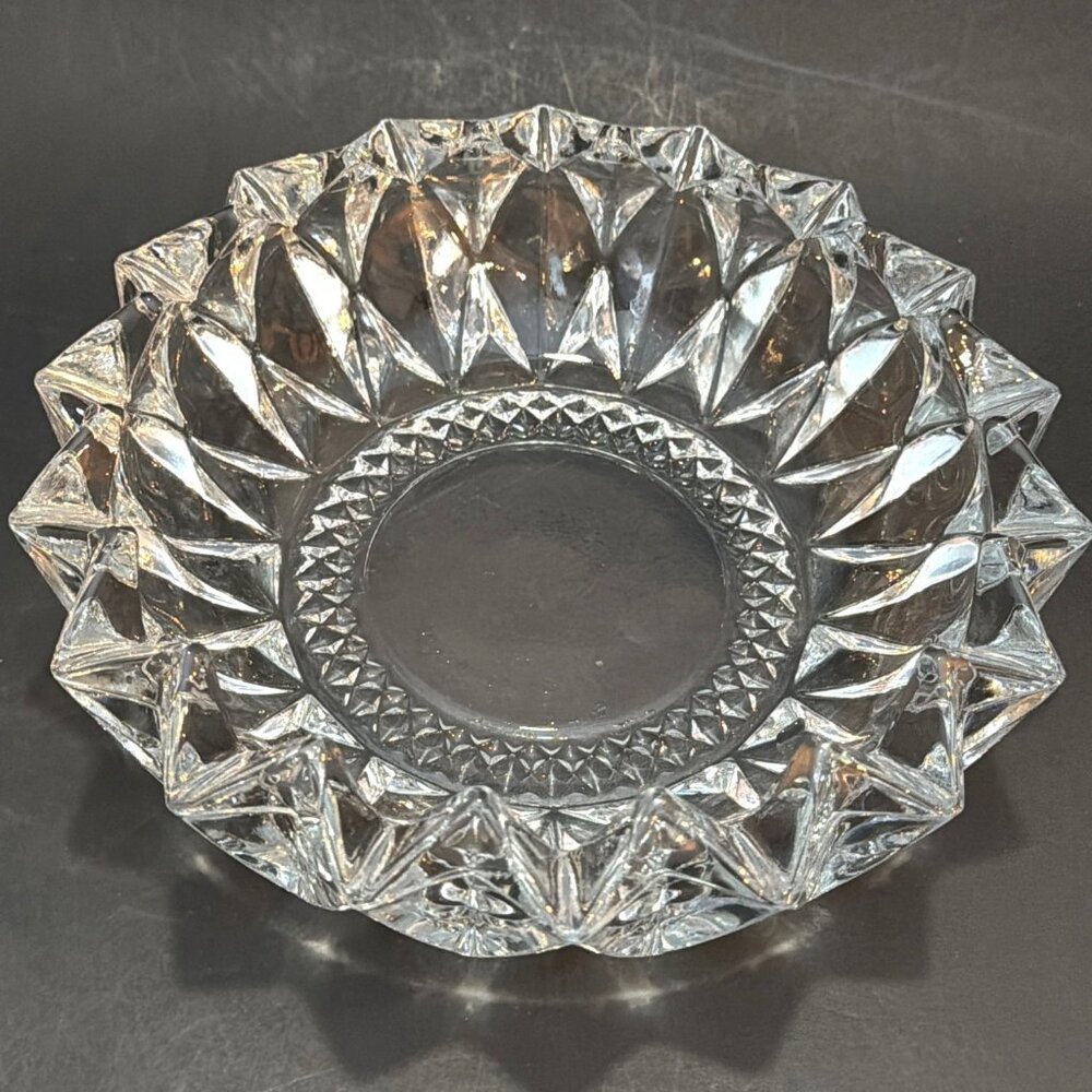 Vintage KIG Indonesia Glass Ashtray Diamond Cut Heavy Clear Round MCM 6" Dish